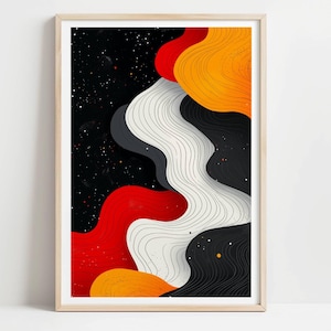 May include: Abstract art print featuring flowing shapes in red, orange, white, black, and gray against a speckled black background. The artwork is framed in a light wood frame, creating a modern aesthetic.