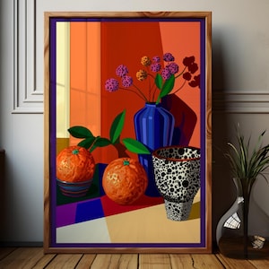 Bold Still Life Pop Art Kitchen Art, Retro Orange Fruit Poster, Colourful Vase Wall Gift, Print For Modern Dining Room Or Gallery Wall, 031