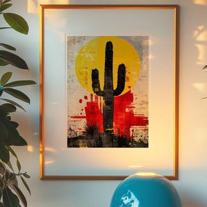 Kaktus Kunstdruck, Grunge Wüste Wandkunst, Rot Gelbes Südwest Poster, Saguaro Grafikdruck, Urban Western Dekor, Wilde West Vibes,311B