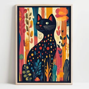 Decorazione murale con gatto nero stravagante, poster colorato con gatto della foresta, stampa felina giocosa per la cameretta dei bambini, decorazione per cameretta o angolo accogliente, arte popolare, 186