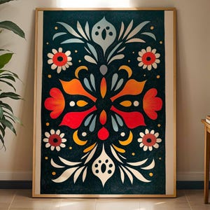 Skandinavische Folklore-Wandkunst, Blumenmondphase, mystische Boho-Dekor für Küche oder Flur, Rot-Gold-Botanisches Poster, Vintage, 403