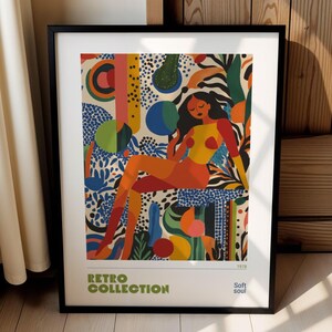 Alma suave, impresión artística de mujer de los 70, póster abstracto maximalista femenino, decoración figurativa retro audaz, impresión bohemia colorida, galería vintage, 015