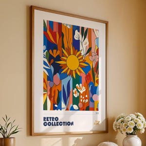 Arte mural de girasoles al atardecer, póster botánico retro de los años 70, estampado floral colorido, obra de arte abstracto de naturaleza, estampado maximalista de sol feliz, 097