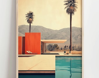 May include: A framed art print featuring a mid-century modern architectural design. The artwork depicts a vibrant orange building with a pool, palm trees, and mountains in the background. The color palette includes shades of orange, beige, and teal.