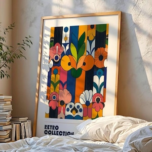 Póster floral retro de rayas "Pétalos de la Paz", arte mural inspirado en los años 70, estampado botánico moderno, maximalista, ilustración floral moderna y colorida, 091