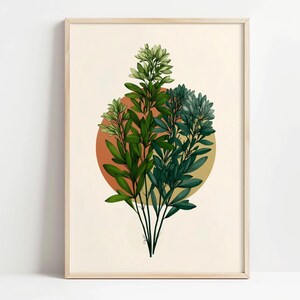 Può includere: Stampa artistica botanica con un gruppo di foglie verdi e verde-blu con una parte superiore verde chiaro, su uno sfondo circolare arancione bruciato e dorato. L'opera d'arte è incorniciata in una cornice di legno chiaro.