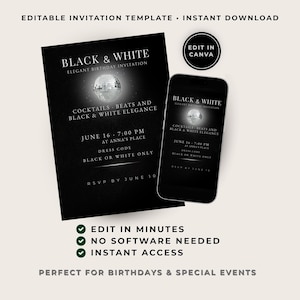 Black & White Party Einladung,Motto Party Einladung,elegante Abend Einladung,Dress Code Schwarz Weiß,Canva Vorlage,Sofort Download