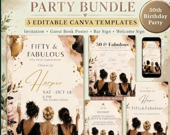 50th Birthday Party Bundle, Fifty & Fabulous Invitation, Welcome Sign, 50th Guest Book Poster, 50th Bar Sign, Editable Canva Templates
