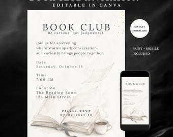 Book Club Invitation | Editable Canva Template | Reading Group and Literary Evening | Digital & Printable