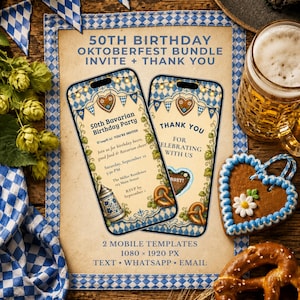 Könnte beinhalten: Ein 50. Geburtstag Oktoberfest-Paket mit zwei mobilen Einladungs- und Dankeskartenvorlagen mit blau-weißem Karomuster, Bierkrügen, Brezeln und Hopfenillustrationen. Der Text lautet 50th Birthday Oktoberfest Bundle, 50th Bavarian Birthday Party und Thank You For Celebrating With Us.