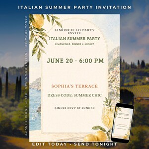 Italienische Sommerparty Einladung Vorlage, editierbare Canva Einladung, Limoncello Dinner Party, Amalfi Capri Handy Einladung,Garten Party,