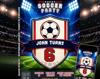 Soccer Birthday Invitation Template, Editable Soccer Party Invite, Kids Football Birthday Canva Invitation, Mobile Invite, Instant Download
