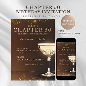 Elegant 50th Birthday Invitation | Editable Canva Template | Chapter 50 Cocktail Party | Digital & Printable