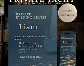 Private Yacht Invitation Template, Editable Canva Evening Cruise Invite, Luxury Boat Party Invitation, Print & Mobile Download