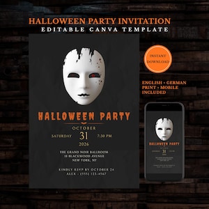 Könnte beinhalten: Eine bearbeitbare Halloween-Party-Einladungsvorlage mit einer weißen Maske mit roten Augen und dunklen Spritzern auf schwarzem Hintergrund. Der Text lautet Halloween Party, 31. Oktober 2026, im Grand Noir Ballroom. Eine mobile Version ist enthalten.
