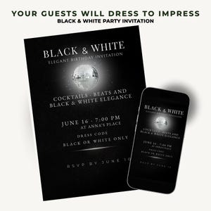 Black & White Party Einladung,Motto Party Einladung,elegante Abend Einladung,Dress Code Schwarz Weiß,Canva Vorlage,Sofort Download