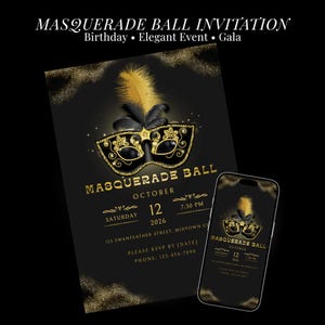 Maskenball Einladung Vorlage, Masquerade Ball Einladung, Gala Einladung Schwarz Gold, Venezianische Maskenparty, Editierbare Canva Einladung