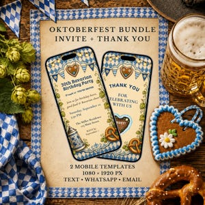Könnte beinhalten: Zwei mobile Vorlagen für ein Oktoberfest-Paket mit Einladung und Dankeskarte. Die Designs enthalten blau-weiß karierte Muster, herzförmige Lebkuchen, Bierkrüge und Hopfen. Der Text umfasst 30th Bavarian Birthday Party, 1080 x 1920 px und RSVP-Details.