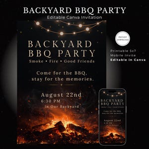 BBQ Einladung Vorlage, Grillparty Einladung Canva Template, Backyard BBQ Party Einladung, Sommer BBQ Einladung, Editierbare Party Einladung
