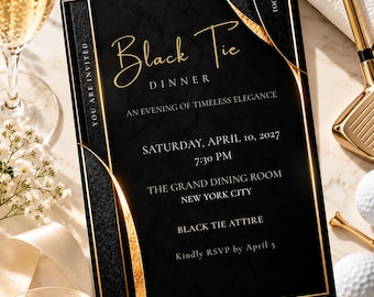 Black Tie Dinner Invitation, Elegant Formal Dinner Party, Editable Canva Template
