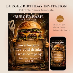 Plantilla de invitación para fiesta de hamburguesas | Invitación editable para barbacoa | Invitación para fiesta de parrillada | Cumpleaños de hamburguesas | Plantilla de Canva | Descarga instantánea