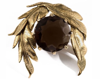 Large Sandor Co Brooch Pin Signed Vintage Designer Costume Jewelry Goldberger Smoky Quartz Colored Glass & Leaves