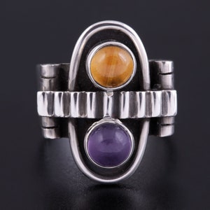 Modernist Style 925 Sterling Silver Ring w/ Genuine Amethyst and Citrine Gemstones Vintage Jewelry Size 6.25