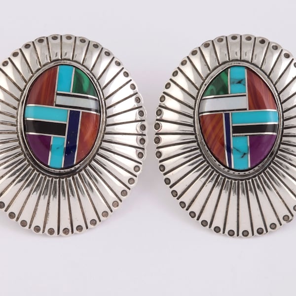 Large Southwestern Multi Stone Inlay Earrings 925 Sterling Silver Pierced Ears Vintage Turquoise Coral Onyx Malachite MOP