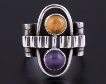 Modernist Style 925 Sterling Silver Ring w/ Genuine Amethyst and Citrine Gemstones Vintage Jewelry Size 6.25