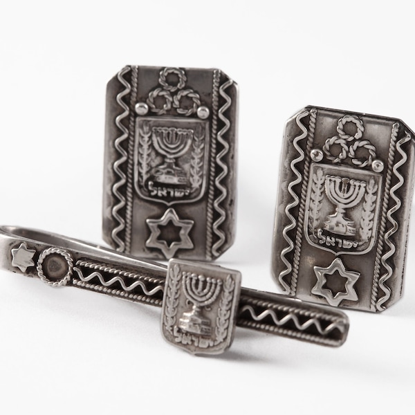 Vintage Menorah Star of David Tie Bar & Cuff Links Set 925 Sterling Silver Made in Israel Hanukkah Jewish Mens Gift Idea Fine Estate Jewelry