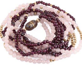 Fine Vintage Multi Strand Beaded Necklace with Chinese Cloisonne Enamel Clasp and Rose Quartz Garnet Gold Plated Melon Beads