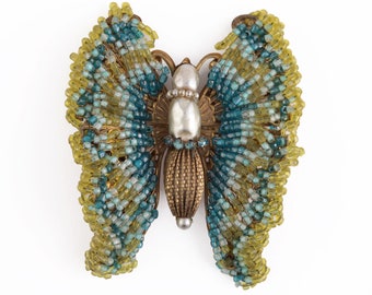 Vintage Miriam Haskell Butterfly Brooch Pin Designer Large Figural Estate Jewelry Green Blue Seed Beads