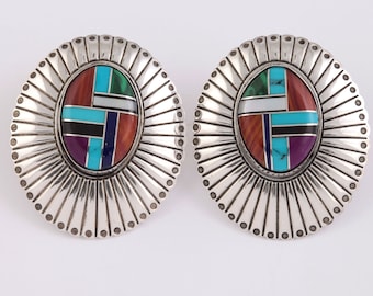 Large Southwestern Multi Stone Inlay Earrings 925 Sterling Silver Pierced Ears Vintage Turquoise Coral Onyx Malachite MOP