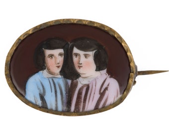 Antique 19th Century Hand Painted Brooch Pin Miniature Art Portrait Sisters Siblings Vintage Estate Jewelry Georgian or Victorian C Clasp