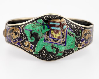 Vintage Rajasthani Enamel Elephant Bracelet 925 Sterling Silver Gold Wash Hinged Bangle Black Green