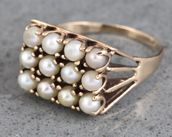 Vintage 10k Pearl Ring Pave Cluster Solid Yellow Gold Genuine Pearls Estate Jewelry Size 6.5