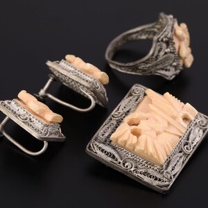 Antique Chinese Jewelry Set Carved Bovine Bone Filigree Silver Plated Ring Screw Back Earrings Brooch Pin Vintage 1920's to 1930's image 2