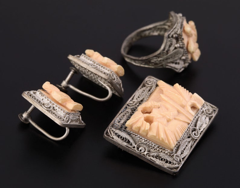 Antique Chinese Jewelry Set Carved Bovine Bone Filigree Silver Plated Ring Screw Back Earrings Brooch Pin Vintage 1920's to 1930's image 2