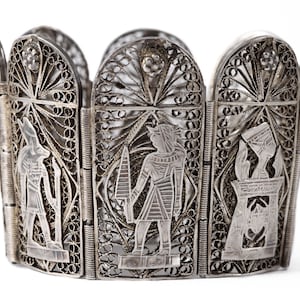 Vintage Egyptian Silver Filigree Bracelet Wide Panel Egypt Storyteller 800 to 925 Sterling Silver Cannetille Old Antique Estate Jewelry