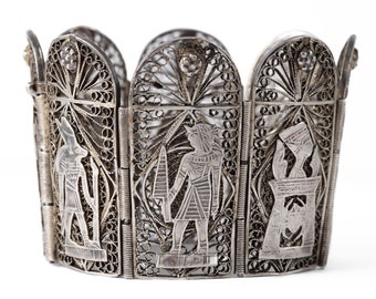Vintage Egyptian Silver Filigree Bracelet Wide Panel Egypt Storyteller 800 to 925 Sterling Silver Cannetille Old Antique Estate Jewelry