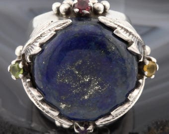 Anillo llamativo de plata de ley 925 con lapislázuli, talla estadounidense 7.25, artesanal, grande, grueso, con múltiples piedras preciosas, estilo suroeste.