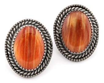 Vintage Native American Spiny Oyster Earrings 925 Sterling Silver Signed M Sky-C Large Oval Pierced
