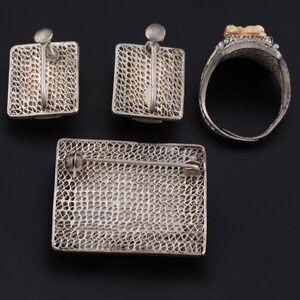 Antique Chinese Jewelry Set Carved Bovine Bone Filigree Silver Plated Ring Screw Back Earrings Brooch Pin Vintage 1920's to 1930's image 3