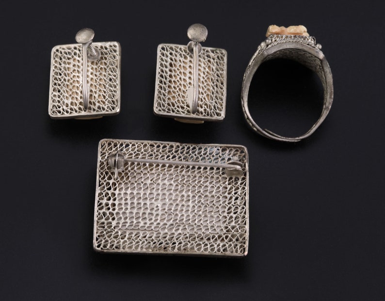 Antique Chinese Jewelry Set Carved Bovine Bone Filigree Silver Plated Ring Screw Back Earrings Brooch Pin Vintage 1920's to 1930's image 3