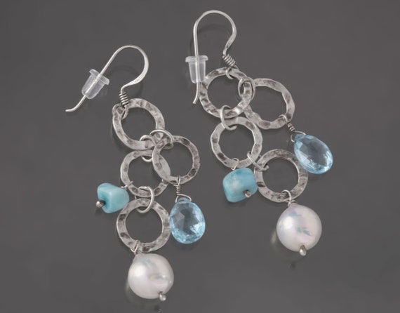 Fine Drop Dangle Earrings Genuine Blue Topaz Pear… - image 1