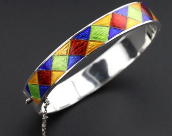 925 Sterling Silver Enamel Bangle Bracelet Hinged Geometric Harlequin Jester Vintage Jewelry w/ Safety Chain