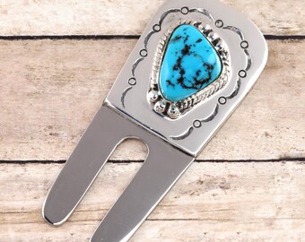 925 Sterling Silver Golf Divot Repair Tool with Blue Turquoise 2 Prong Fixer Gift