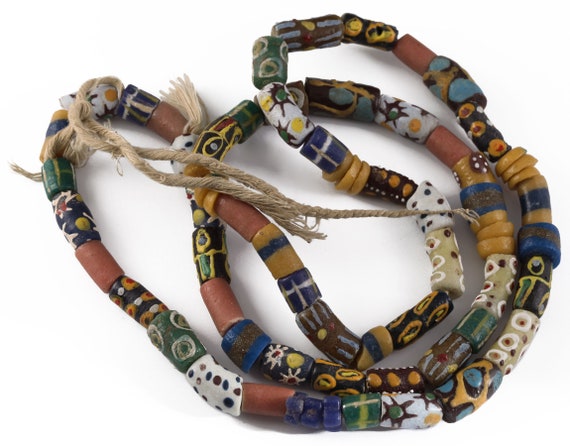 African Trade Glass Beads Necklace, Statement Tribal Jewelry