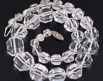 Antique Clear Rock Crystal Quartz Necklace 14k Solid White Gold Filigree Clasp Art Deco Faceted Hand Knotted Graduated Beads Choker 15"