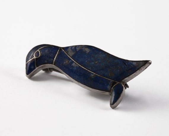 Vintage Lapis Lazuli Inlay Penguin Brooch Pin 980… - image 4